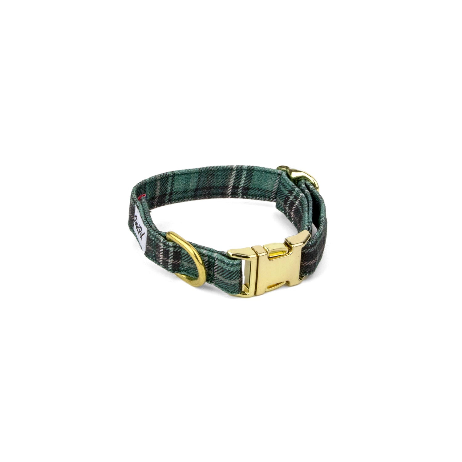 Collier pour chien Nessie mini. Motif à carreaux tartan écossais vert avec une boucle clip couleur or, un anneau D pour attacher une laisse et une boucle pour régler la taille du collier