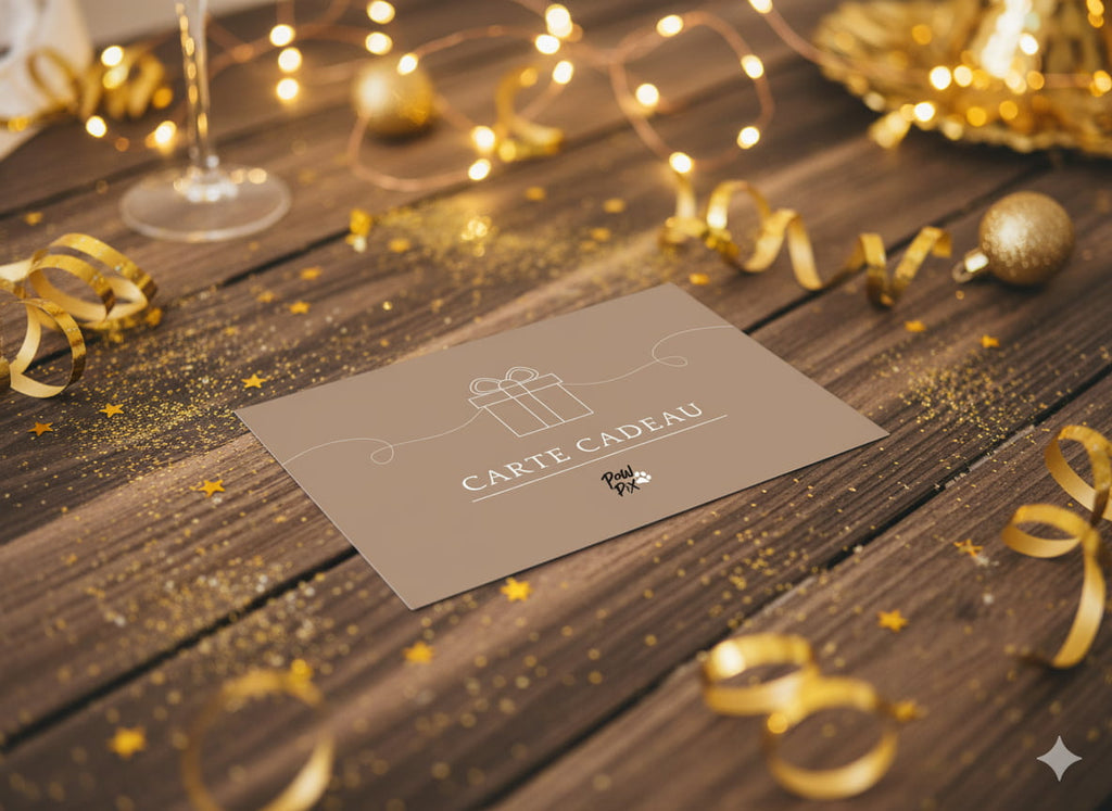 Carte cadeau PawPix, posé sur une table de fête
