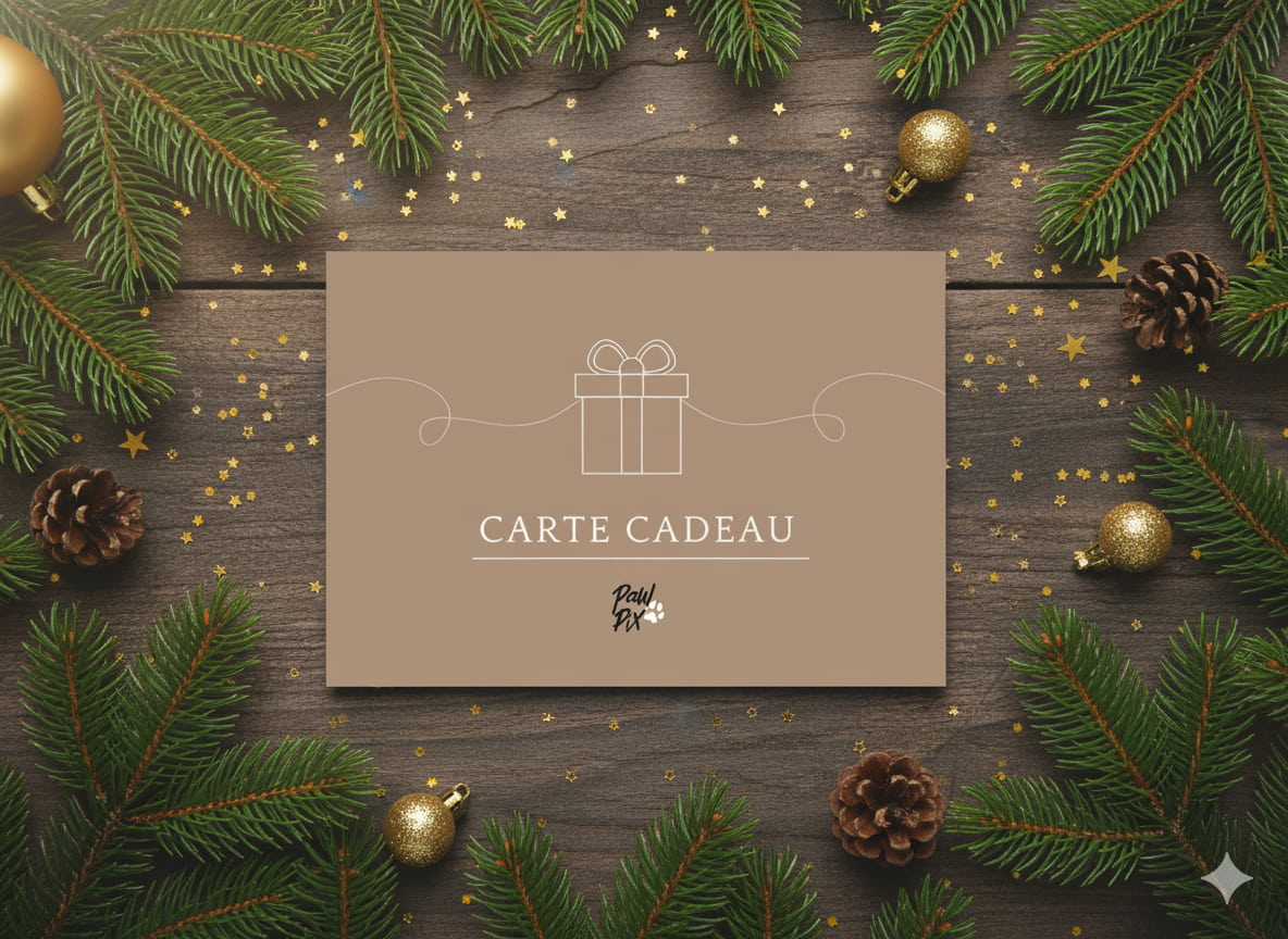 Carte Cadeau Pawpix posé sur un table en bois et entouré de décoration couleur or et de branches de sapin