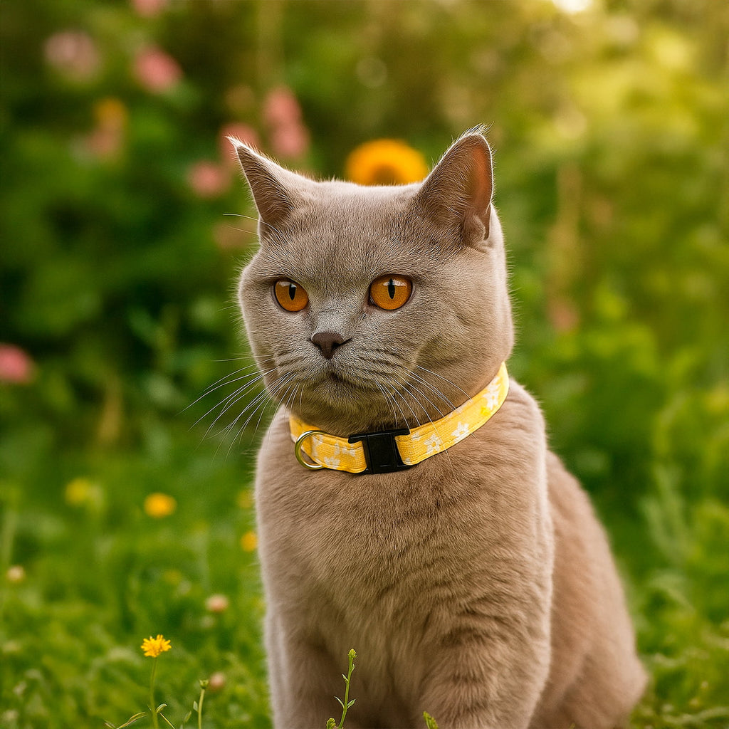 Chat type Chartreux gris avec le collier pour chat Peachy Daisies. Le collier présente un motif de marguerites blaches et jaunes sur un fond couleur pêche. Le collier possède un anneau en D pour accrocher une médaille ainsi qu'une boucle anti-étranglement. 