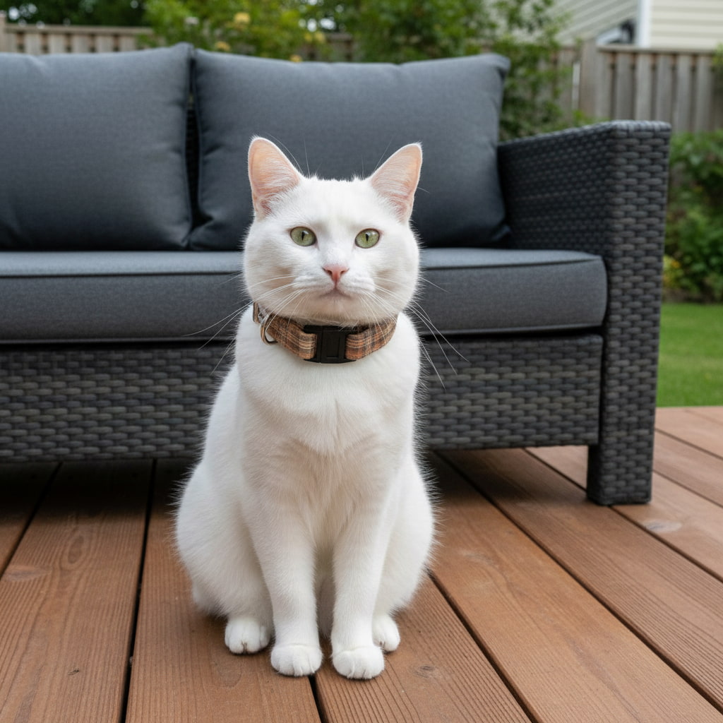 Chat blanc portant le collier pour chat Scotty de Pawpix. Motif tartan marron et orange écossais avec des boucles anti-étranglement