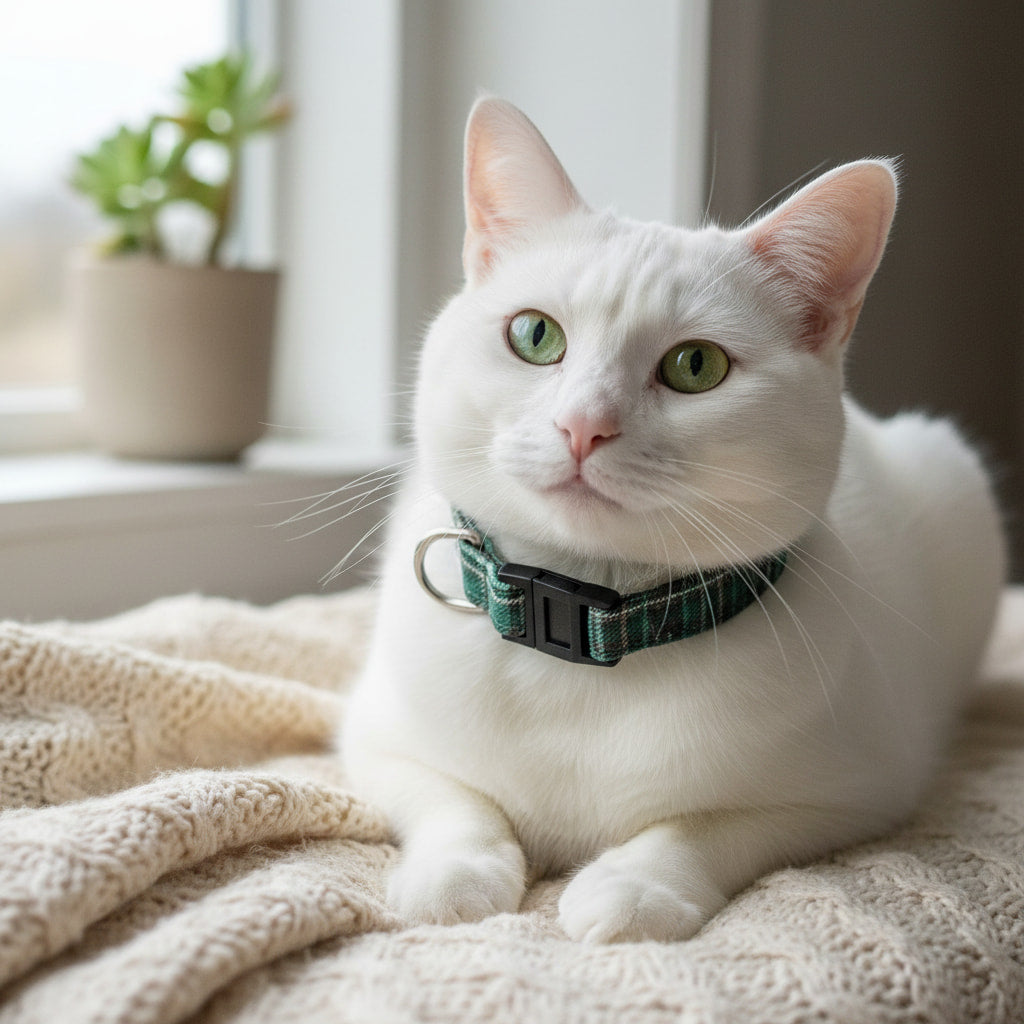 Chat blanc portant le collier pour chat Nessie de Pawpix. Motif tartan vert et noir écossais avec des boucles anti-étranglement