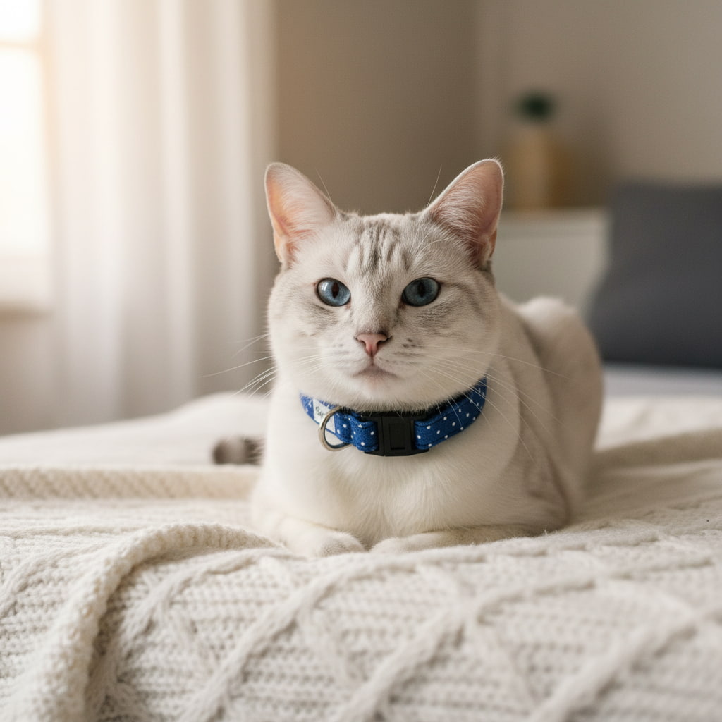 Chat blanc tigré portant le collier pour chat Polaris de Pawpix. Motif pois blanc sur fond bleu marine avec des boucles anti-étranglement