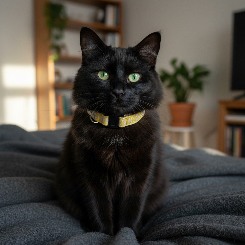 Chat blanc portant le collier pour chat Seaside de Pawpix. Motif marin abstrait blanc sur fond jaune avec des boucles anti-étranglement