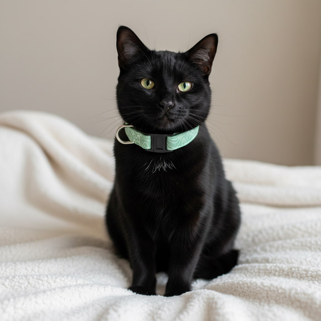 Chat noir portant le collier pour chat Topo de Pawpix. Motif nature blanc sur fond vert avec des boucles anti-étranglement