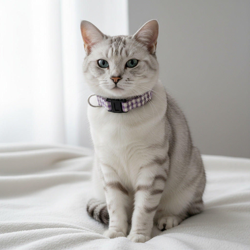 Chat blanc tigré portant le collier pour chat Cigalou de Pawpix. Motif vichy lavande et blanc avec des boucles anti-étranglement
