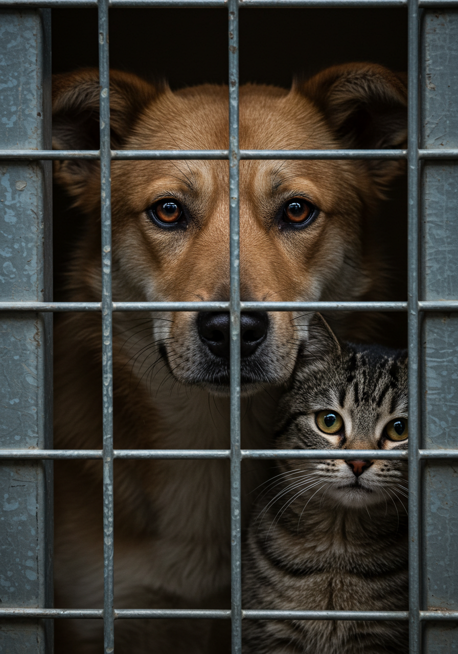 Un chien et un chat (généré par IA) derrière une grille de refuge
