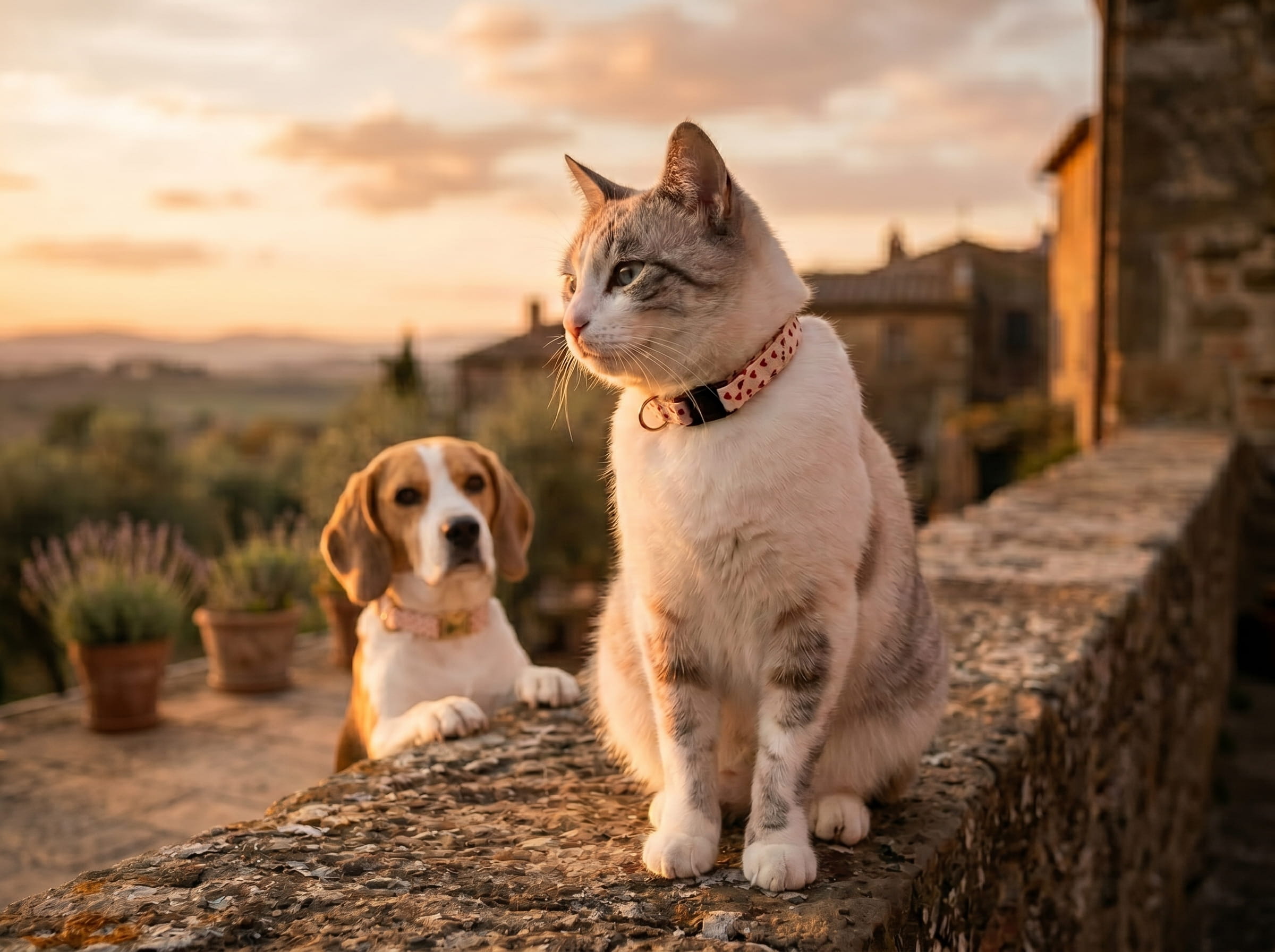 Petit chat blanc et gris tigré portant le collier pour chat My Valentine de Pawpix. Un chien se tient derrière le chat et porte également un collier pour chien My Valentine de Pawpix. Le motif représente des coeurs rouges sur fond beige