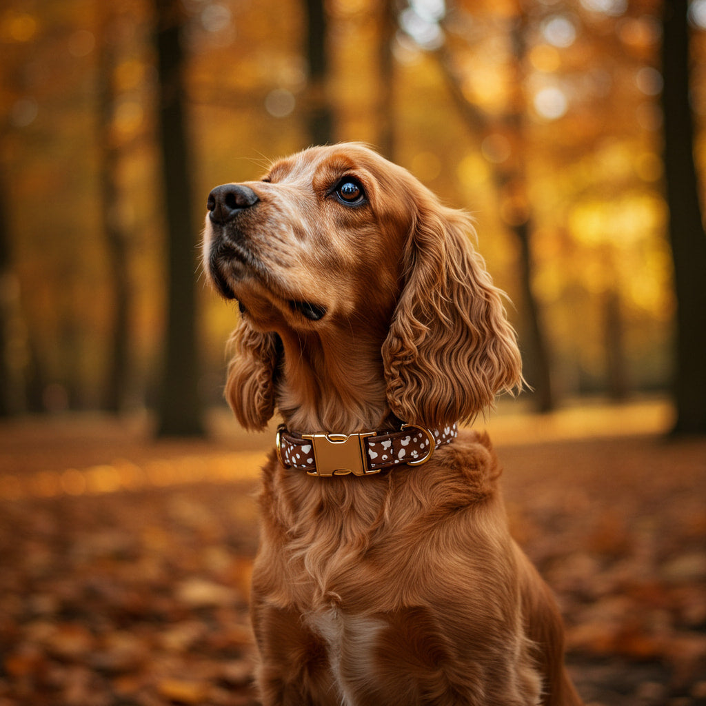 Cocker anglais portant le collier pour chien Freckles dans une foret ambiance automnale. Le collier est au motif marron tacheté blanc avec des boucles couleur or