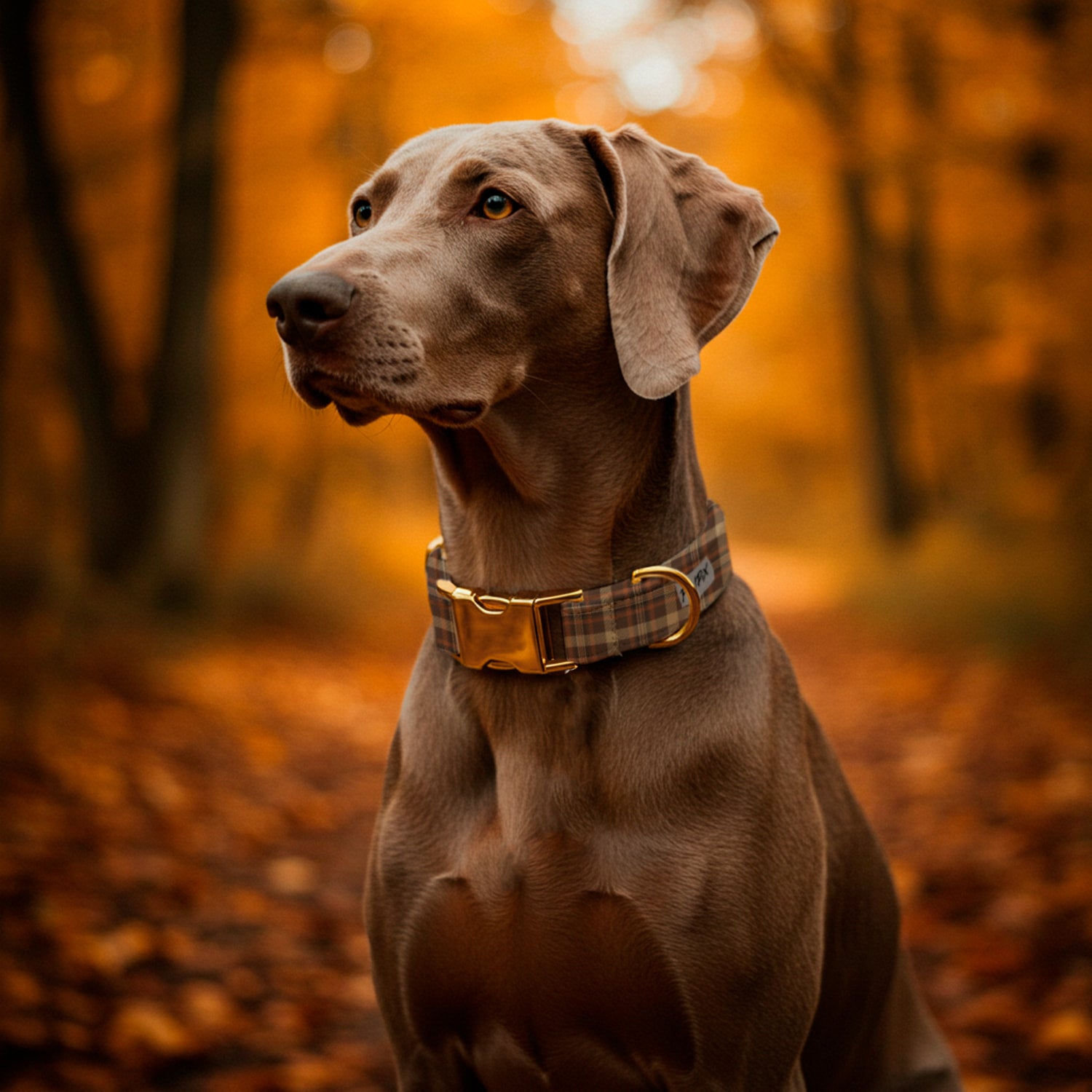 Collier pour chien Scotty porté par un Braque de Weimar sur un chemin de foret. Le collier à un motif tartan marron, orange et des boucles couleur or