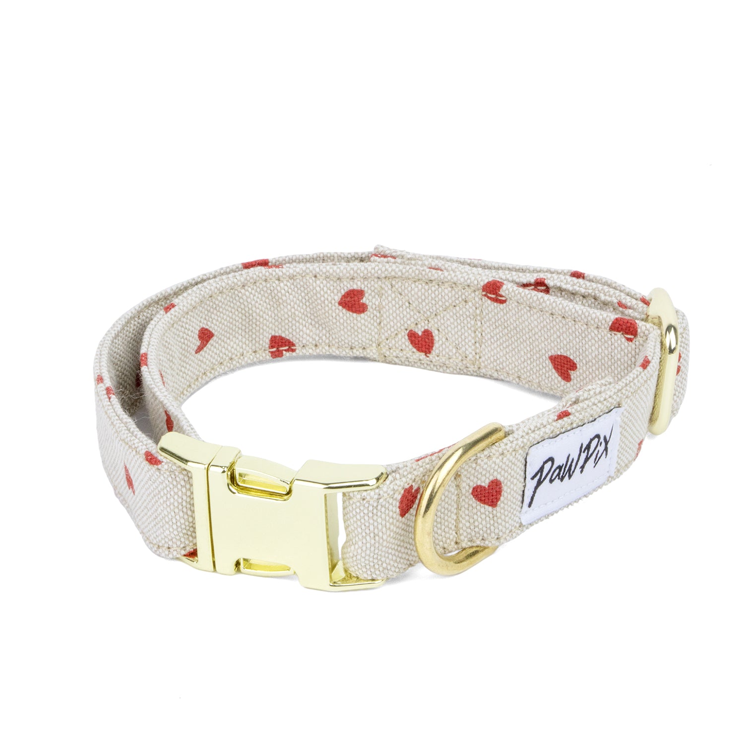 Collier My Valentine de PawPix pour chien de moyenne taille. Design avec des mini coeurs dispersés et une bouclerie couleur or