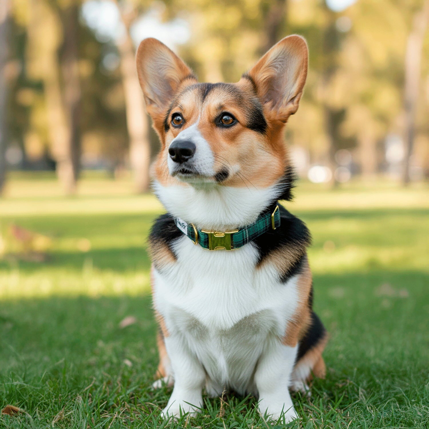 Corgi portant le collier pour chien Nessie de Pawpix. Motif tartan vert et noir écossais avec des boucles couleur or