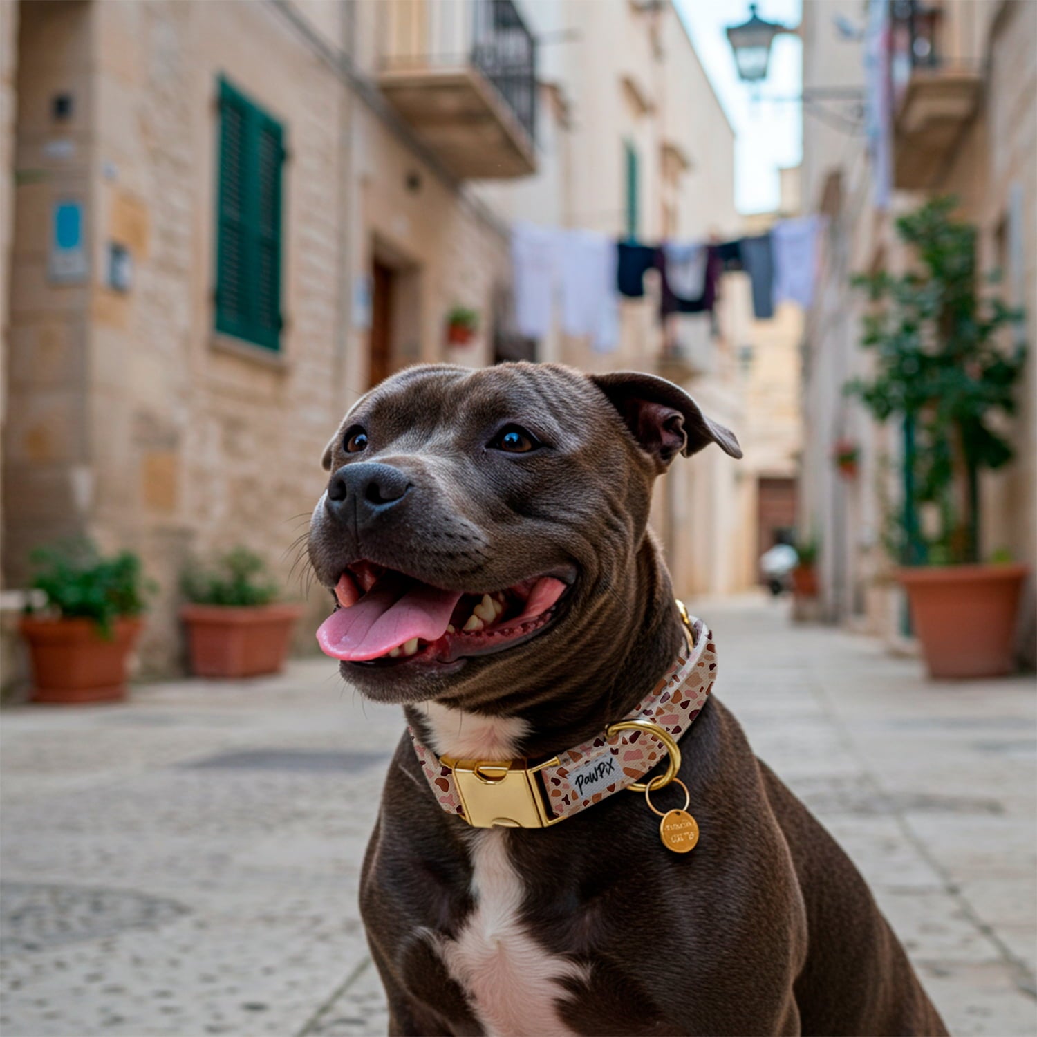 Collier pour chien Pawpino porté par un staffy dans une ruelle Italienne. Le collier met en avant un motif terrazzo beige, rose/marron ainsi qu'une boucle clips, et un anneau en D couleur or. 