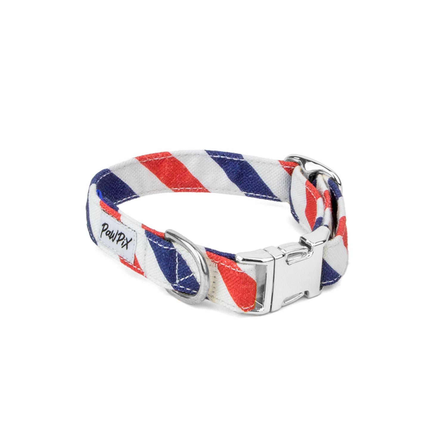 Collier pour chien Pawtriote mini. Motif rayures tricolore bleu blanc rouge avec une boucle clip couleur argent, un anneau D pour attacher une laisse et une boucle pour regler la taille du collier