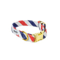 Collier pour chien Pawtriote mini. Motif rayures tricolore bleu blanc rouge avec une boucle clip couleur or, un anneau D pour attacher une laisse et une boucle pour régler la taille du collier