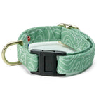 Collier pour chat Topo avec sa boucle anti étranglement et son motif topographique blanc sur fond vert  Le collier comporte également un anneau en D ainsi qu'une boucle de reglage couleur or clair. La boucle anti-étranglement est ouverte 