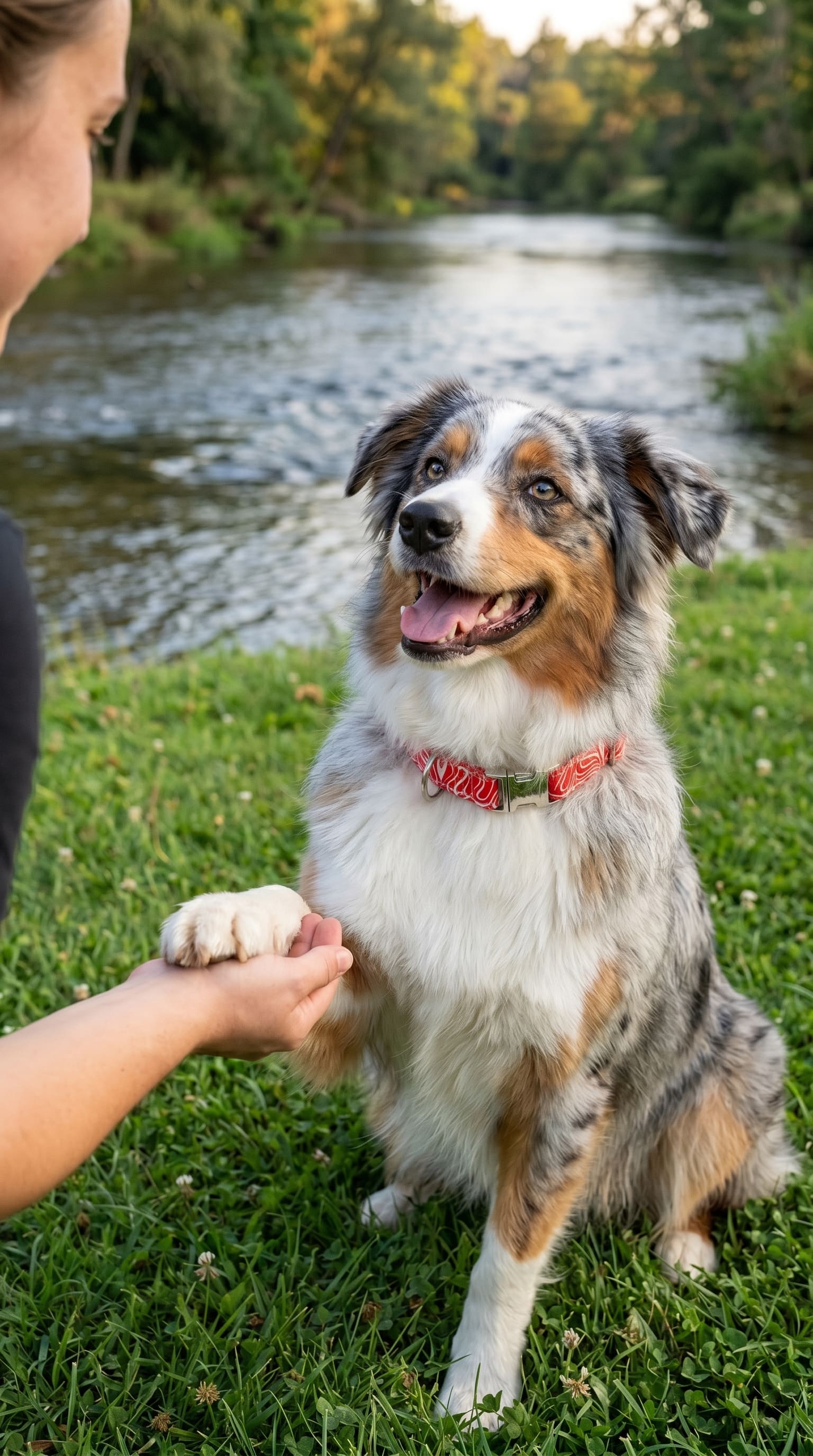 Berger australien portant le collier pour chien Cherry de Pawpix, avec son motif wavy rouge et blanc. Le chien est assis au bord d'une rivière et donne la patte à sa maitresse