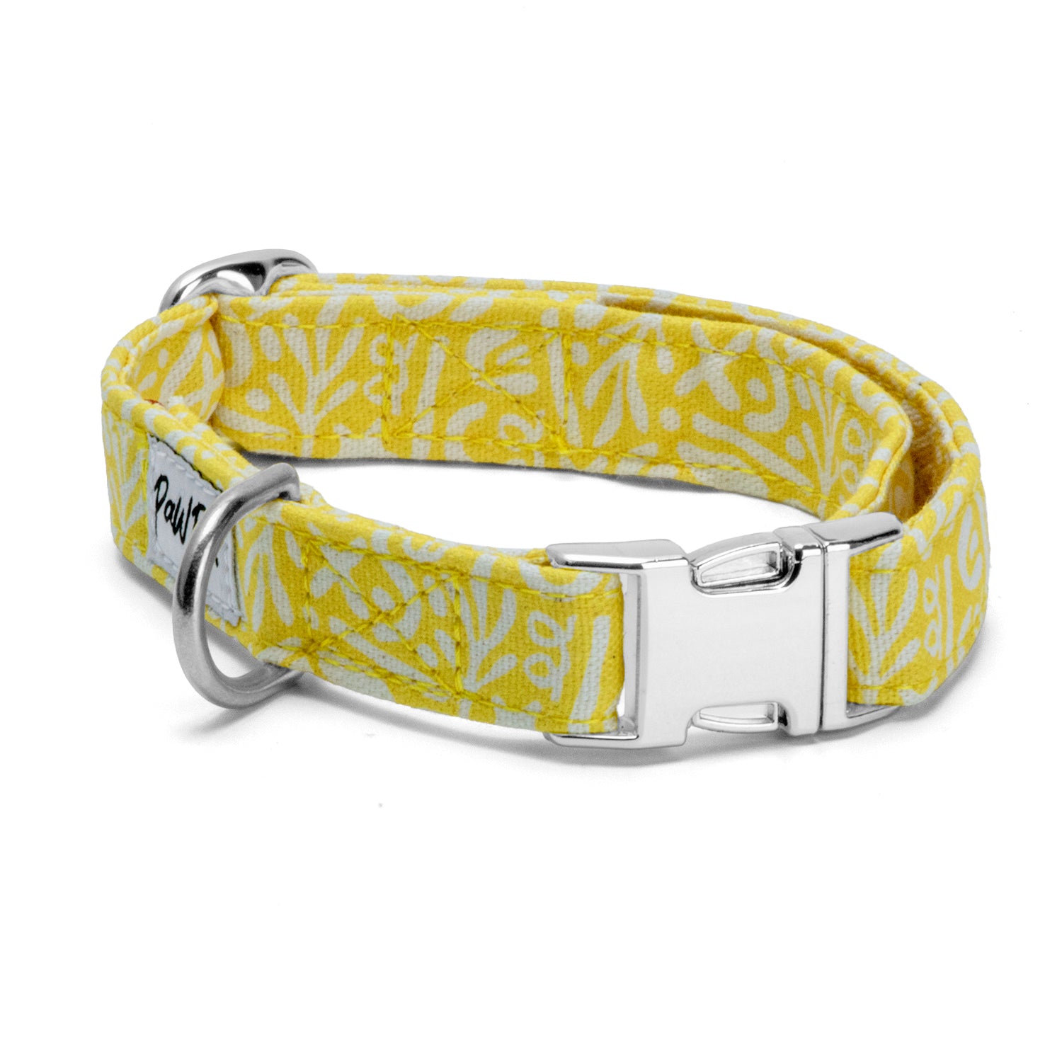 Collier pour chien Seaside et son motif marin abstrait blanc sur fond jaune et ses boucles couleur argent