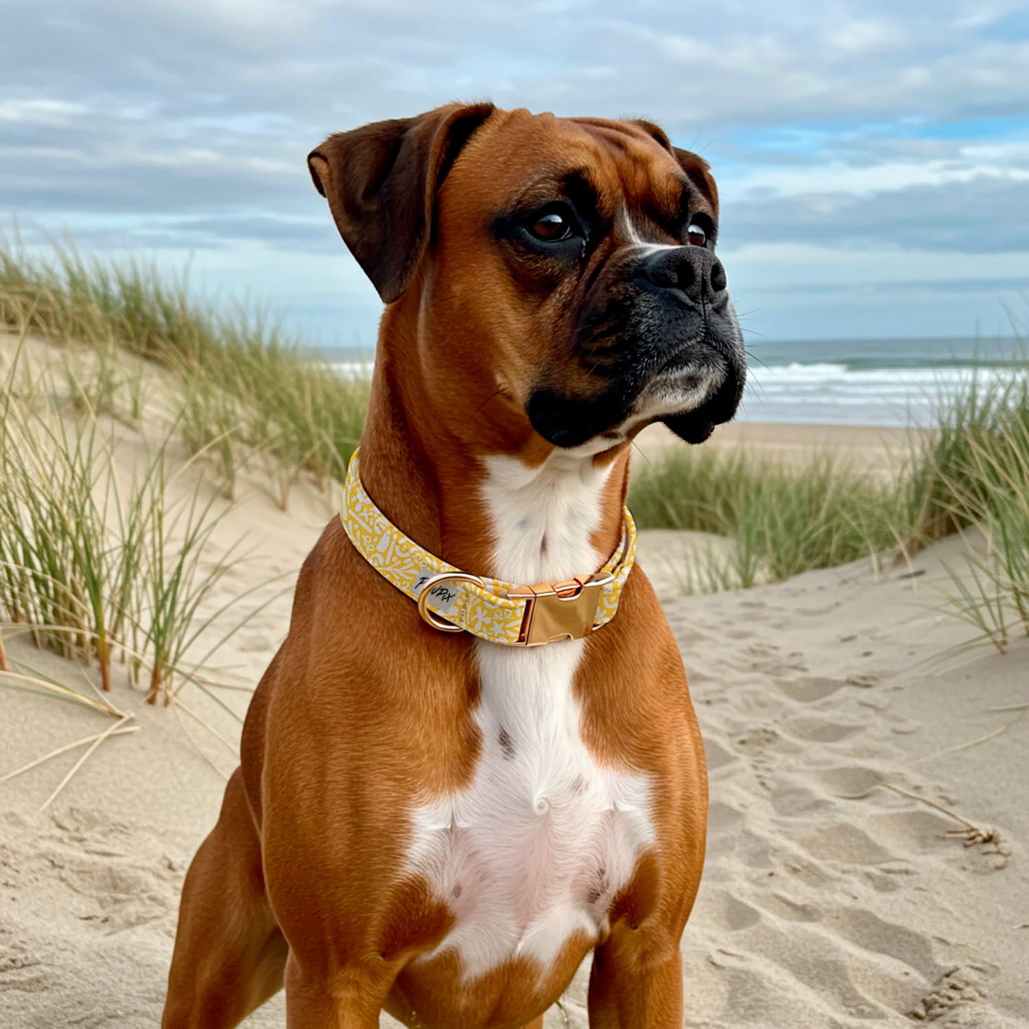 Chien type Boxer sur le bord de mer avec autour du cou, le collier pour chien Seaside. Le collier présente un motif abstrait rappelant l'univers marin, sur un fond jaune solaire. 