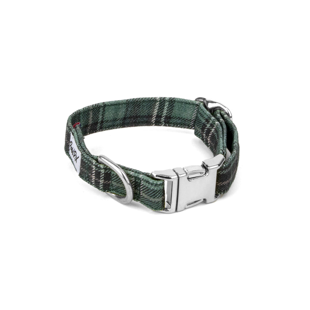 Collier pour chien Nessie mini. Motif tartan écossais vert avec une boucle clip couleur argent, un anneau D pour attacher une laisse et une boucle pour régler la taille du collier