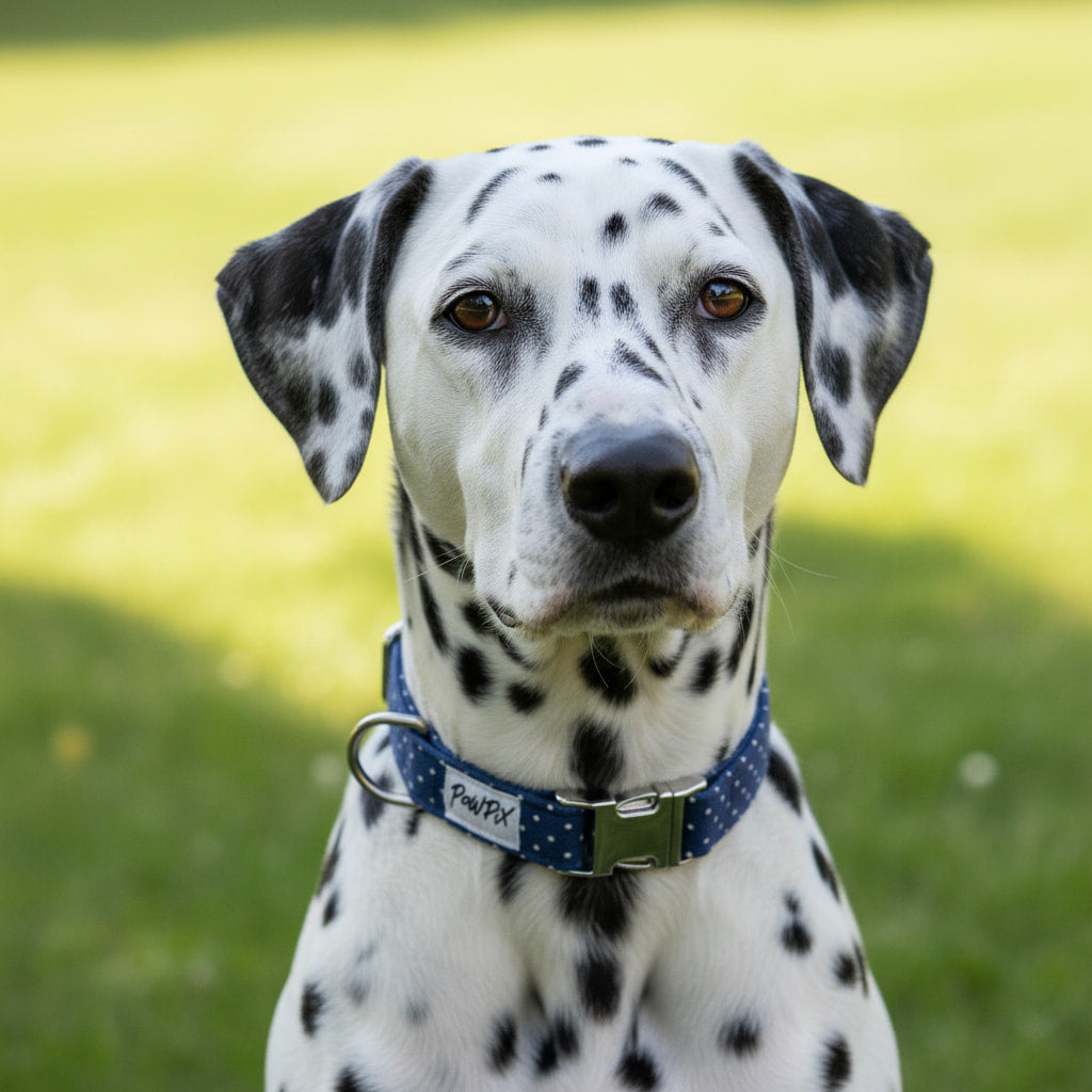Dalmatian portant le collier pour chien Polaris de Pawpix. Motif pois blanc sur fond bleu avec des boucles couleur argent