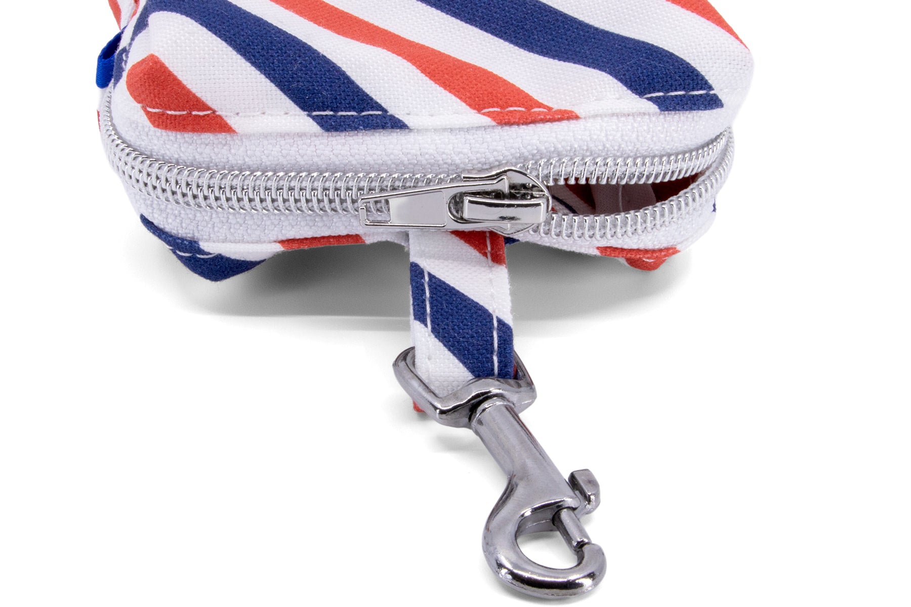 Détail du mousqueton et du zip de la mini sacoche Pawtriote et son motif rayé bleu,blanc,rouge