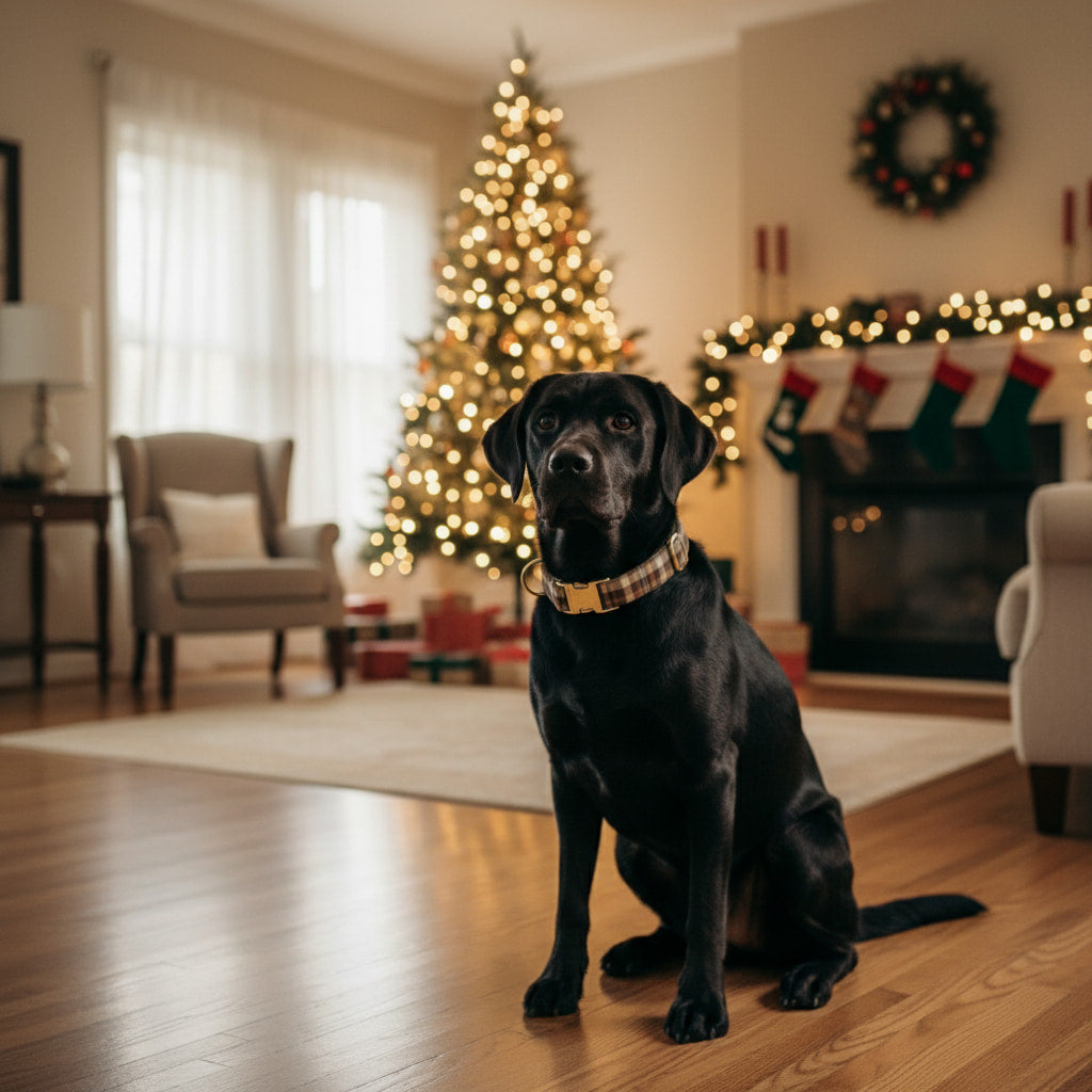 Golden noir portant le collier pour chien Scotty de Pawpix et son motif tartan marron/orange dans une ambiance de Noël. 