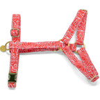 Vue d'ensemble du harnais en Y pour chien Cherry. Motif rouge et blanc wavy avec des boucles couleur or