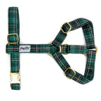 Harnais en Y Nessie : Motif rayé tartan vert écossais. Le harnais possède des boucles couleurs or