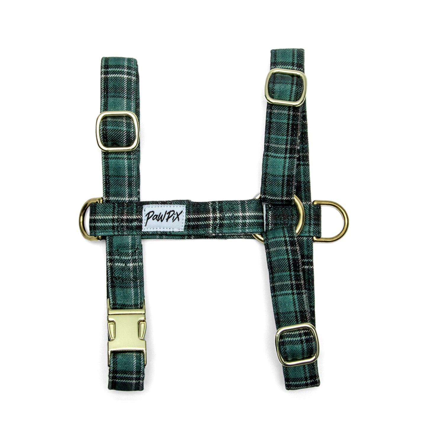 Harnais en H Nessie : Motif rayé tartan vert écossais. Le harnais comporte une boucle anti-traction pour les chiens les plus fougueux. 