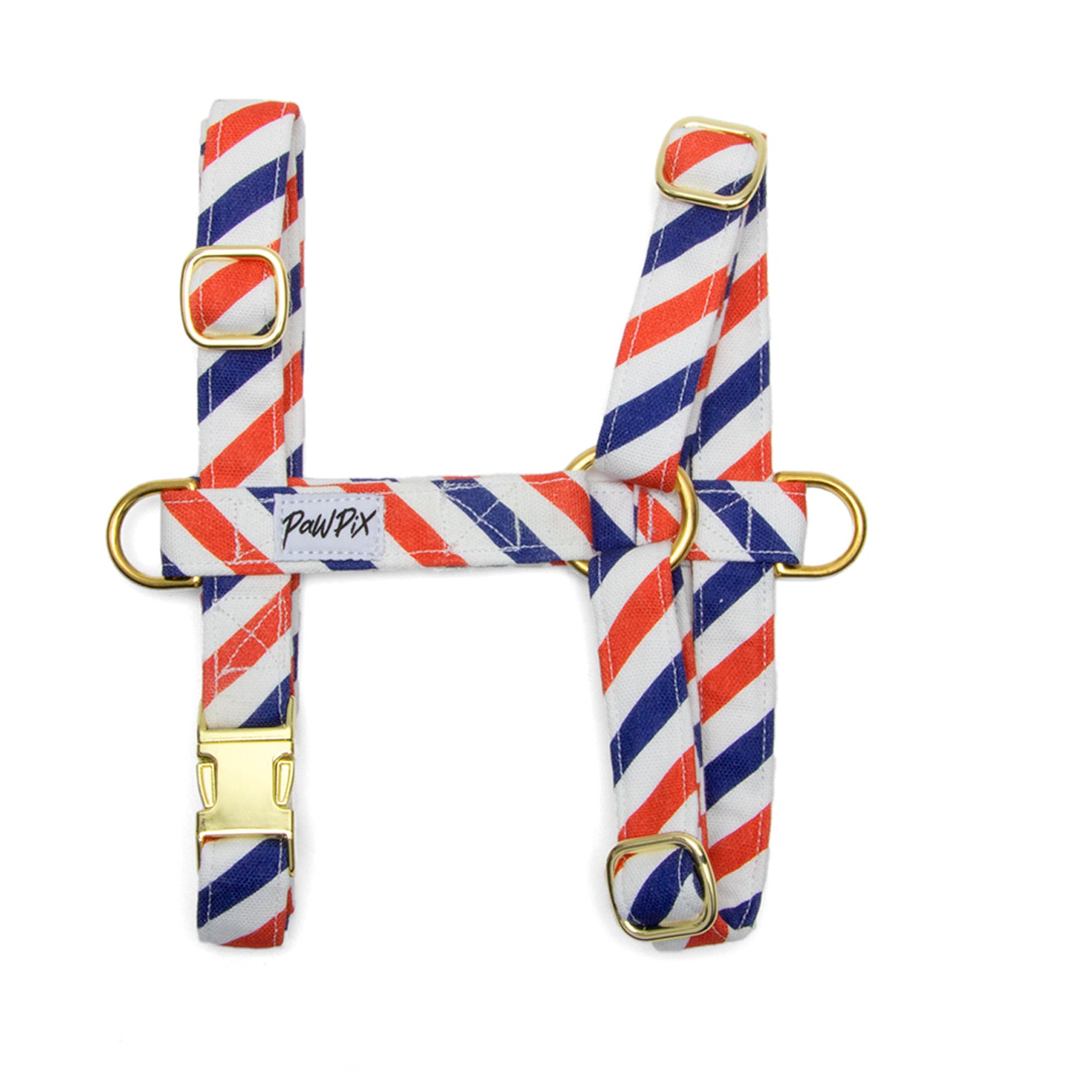 Harnais en H Pawtropte : Motif rayures bleu blanc rouge. Le harnais comporte une boucle anti-traction pour les chiens les plus fougueux. 
