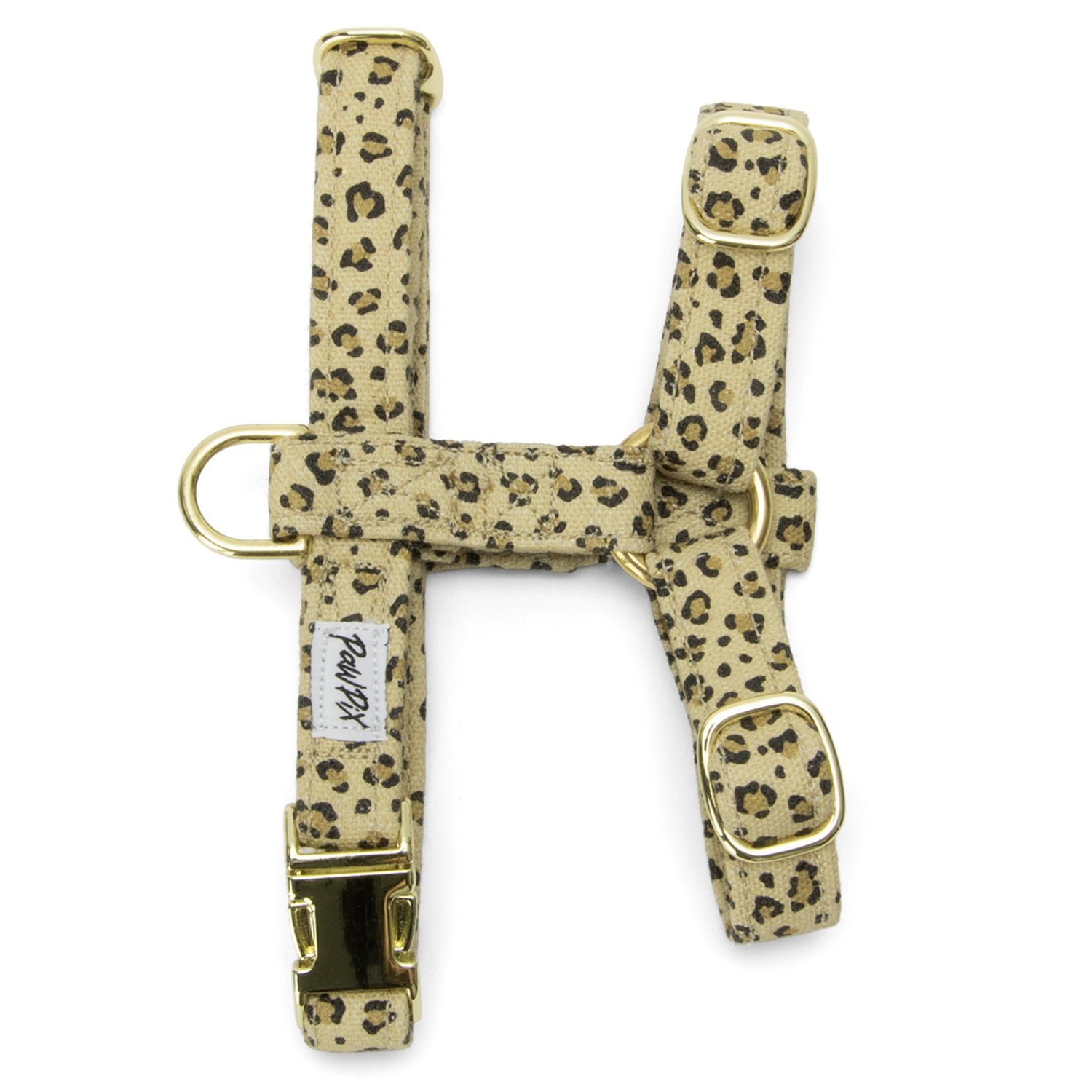 Harnais pour chat Leopaw avec ses boucles de réglages, et boucle clips en or clair avec son motif léopard