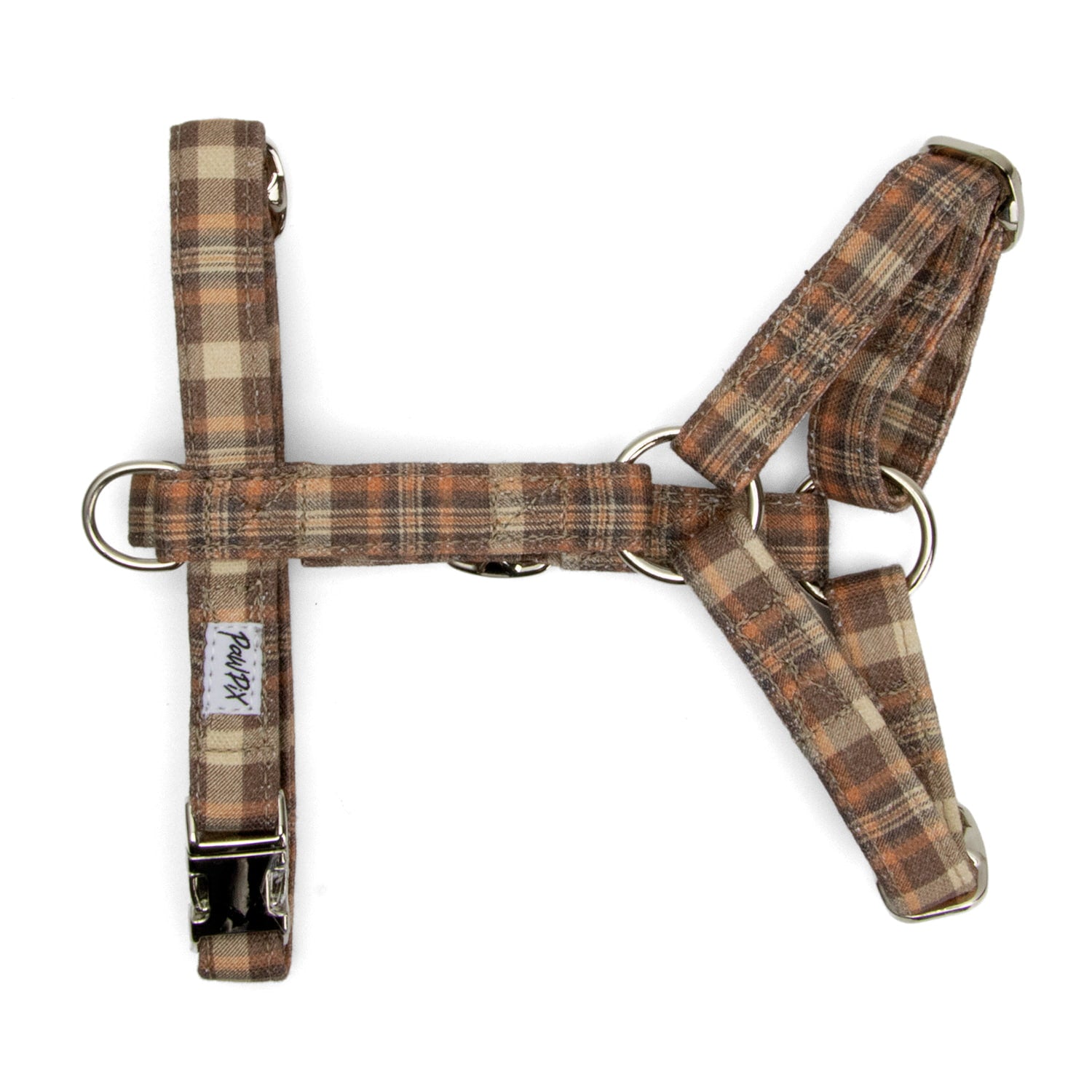 Harnais pour chat Scotty et sa forme Y. Le harnais est avec un motif tartan marron/orange et des boucles couleur argentés