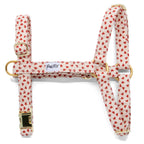 Harnais en Y pour chien My Valentine de Pawpix et son motif coeurs rouges sur fond beige. Le harnais possède des boucles couleur or