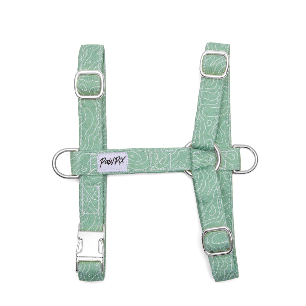 Harnais en H pour chien Topo : Motif topographique blanc sur fond vert. Le harnais comporte une boucle anti-traction argenté pour les chiens les plus fougueux. 
 Le motif Topo reprend le design géométrique des cartes de montagnes, avec des lignes blanches sur un fond vert