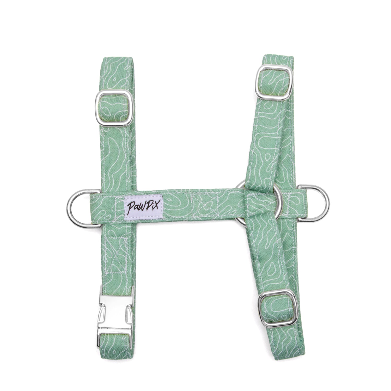 Harnais en H pour chien Topo : Motif topographique blanc sur fond vert. Le harnais comporte une boucle anti-traction argenté pour les chiens les plus fougueux. 
 Le motif Topo reprend le design géométrique des cartes de montagnes, avec des lignes blanches sur un fond vert