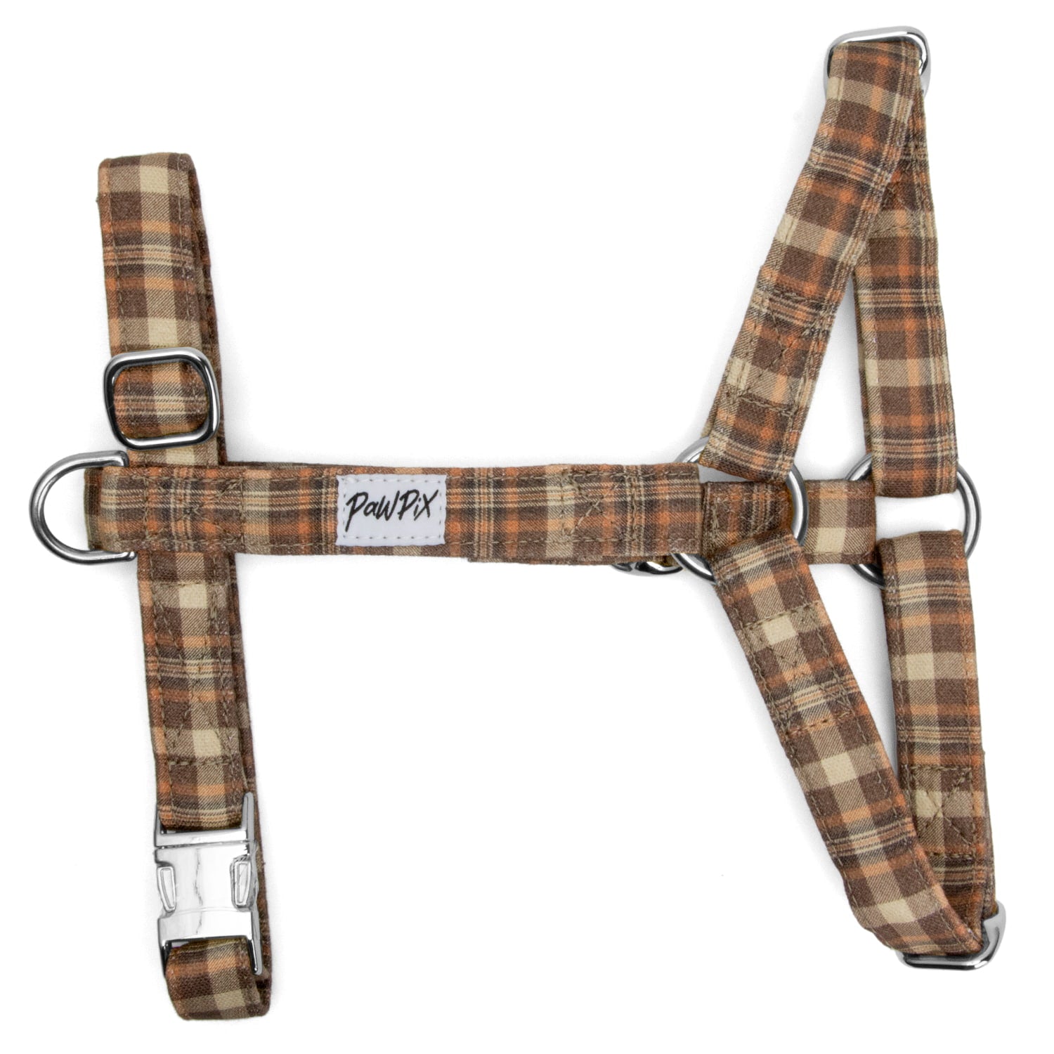 Harnais pour chien en Y Scotty et son motif tartan marron/orange. Les boucles du harnais en Y sont couleur argenté