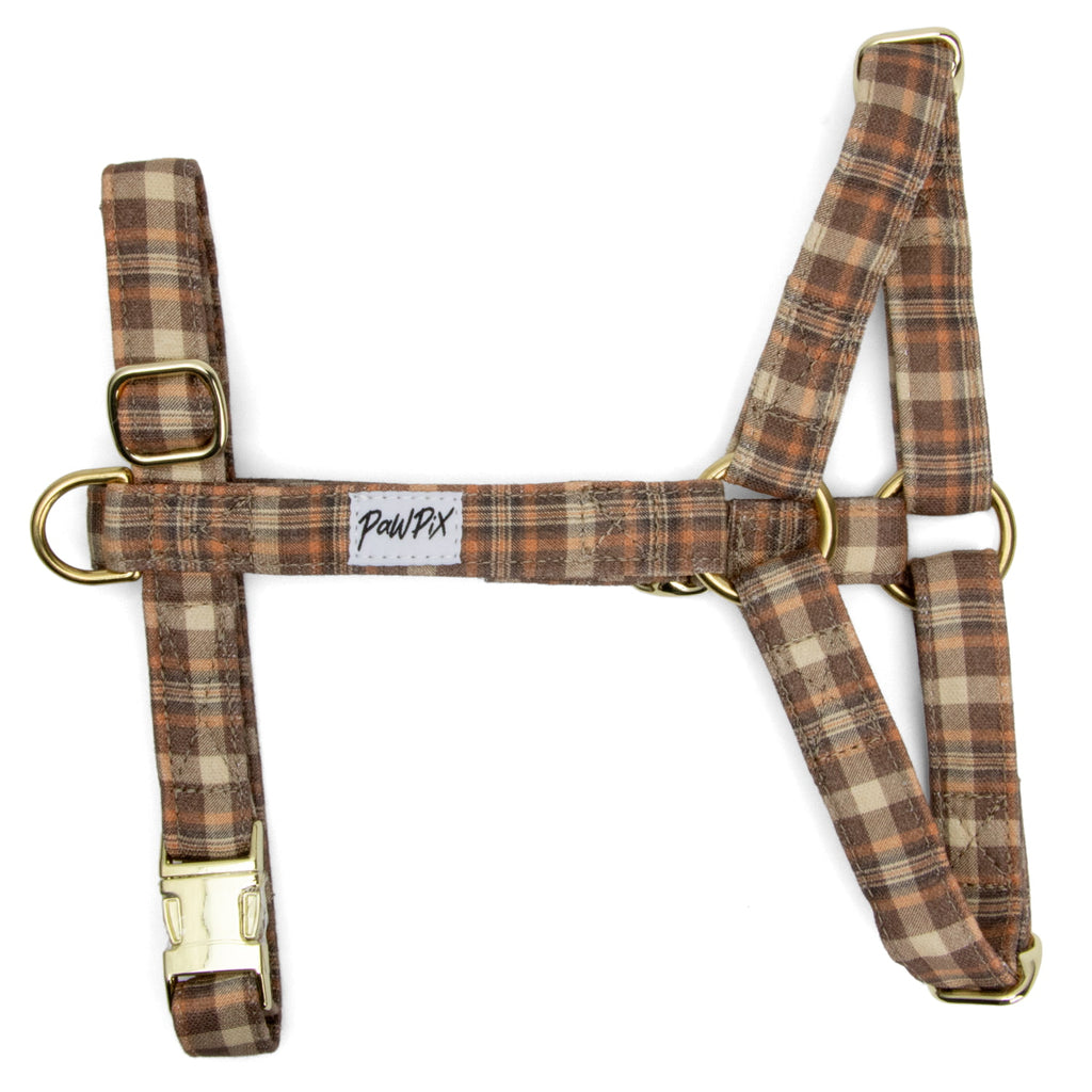 Harnais pour chien en Y Scotty et son motif tartan marron/orange. Les boucles du harnais en Y sont couleur or