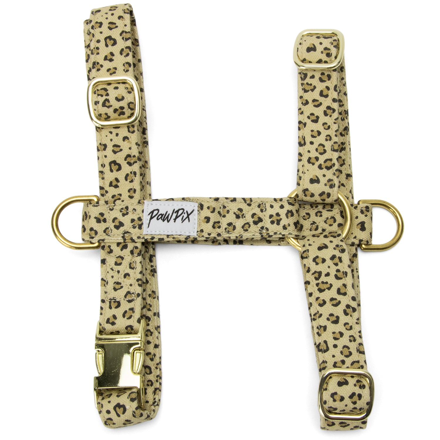 Harnais en H Léopaw pour chien. Le harnais est avec un motif léopard et réglable grâce à des boucles de réglage couleur or clair. 
Le harnais à également un boucle anti traction à l'avant du harnais. 