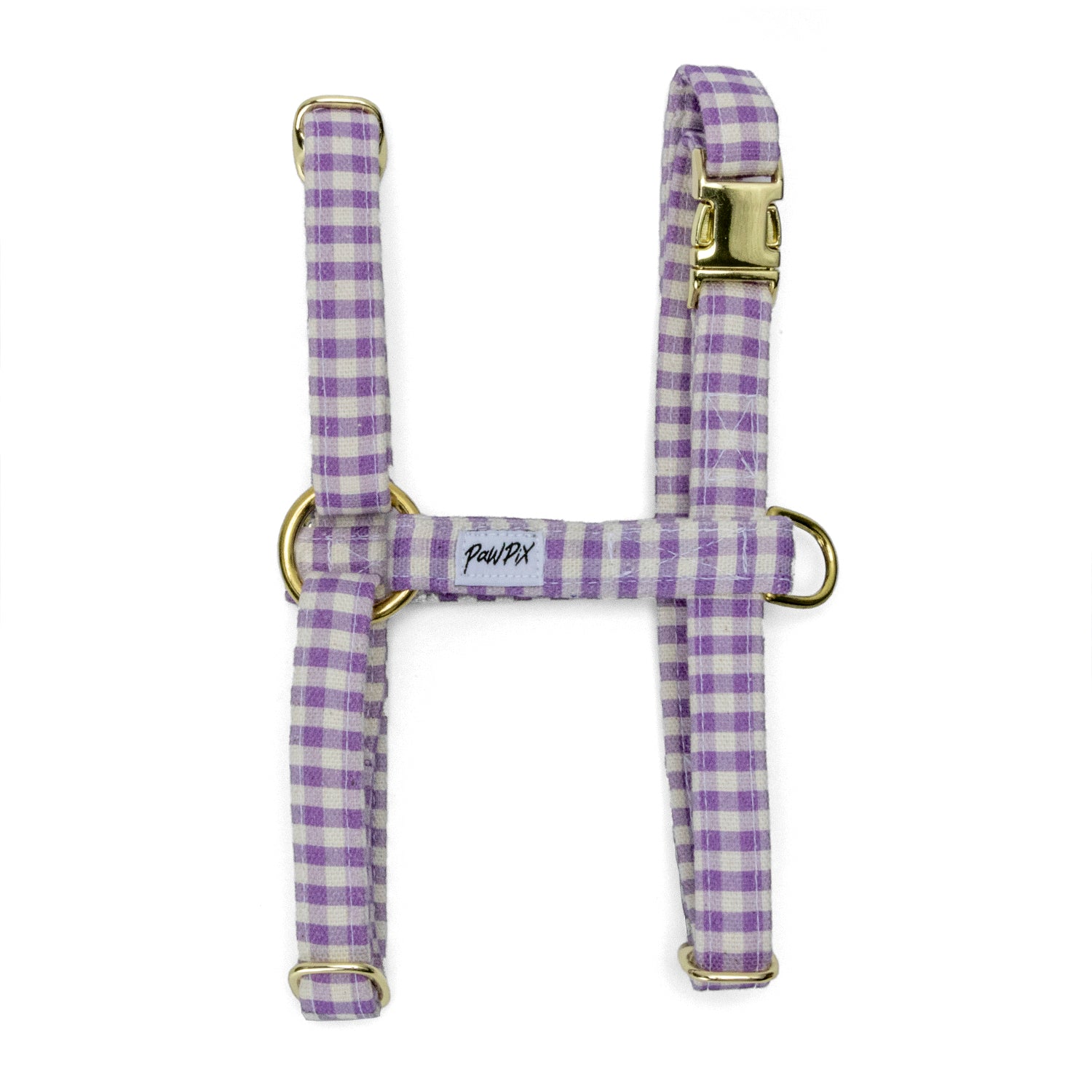 Harnais pour chat sur fond blanc Cigalou. Motif vichy violet clair avec un anneau en D, 3 boucles de serrage pour régler la taille et une boucle clips pour fermer le harnais 
