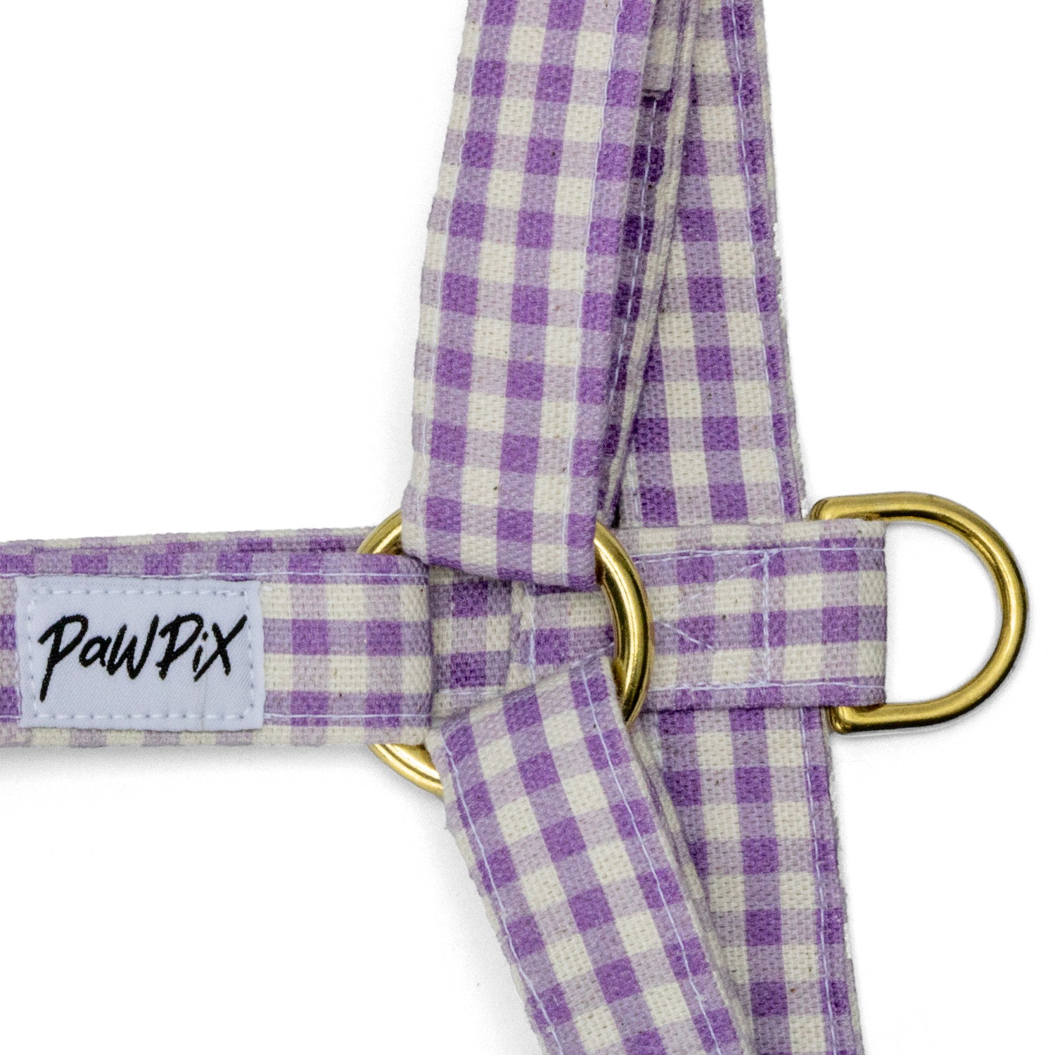 Gros plan sur les boucles du harnais pour chien Cigalou. Motif vichy violet clair