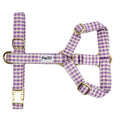 Harnais pour chien Y Cigalou Motif vichy violet clair. Les boucles du harnais sont couleur or