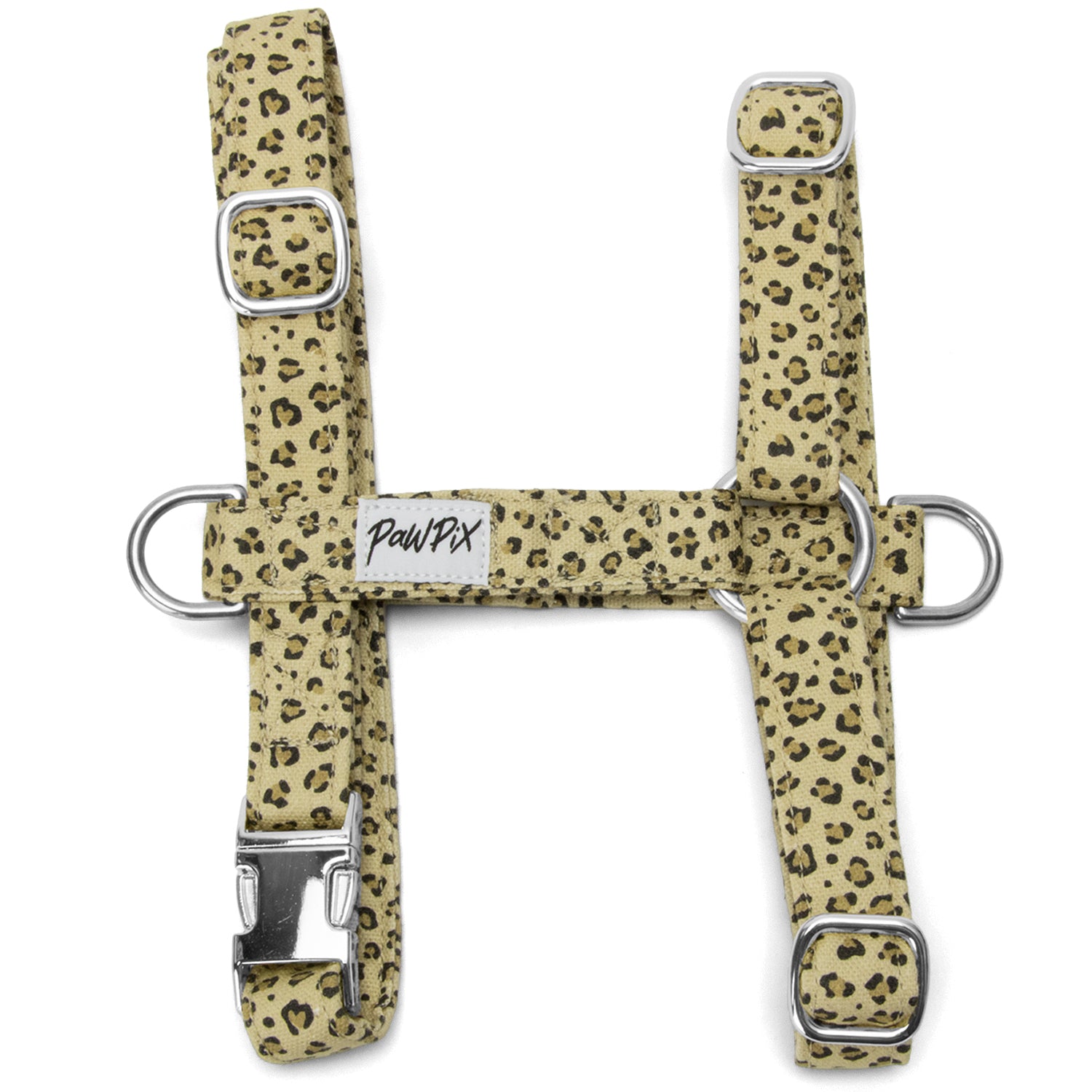 Harnais en H Léopaw pour chien. Le harnais est avec un motif léopard et réglable grâce à des boucles de réglage couleur argentés
Le harnais à également un boucle anti traction à l'avant du harnais. 