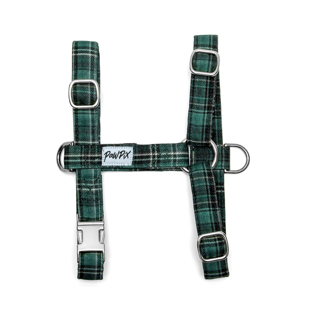 Harnais en H Nessie : Motif rayé tartan vert écossais. Le harnais comporte une boucle anti-traction pour les chiens les plus fougueux. Les boucles du harnais sont argentés