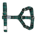 Harnais en Y pour chien Nessie : Motif rayé tartan vert écossais. Le harnais possède des boucles couleur argentés
