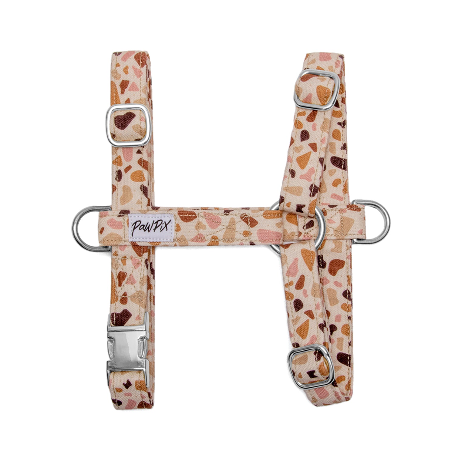 Harnais en H pour chien Pawpino : Motif terrazzo graphique avec des tons marron/rose. Le harnais comporte une boucle anti-traction pour les chiens les plus fougueux. Les boucles du harnais sont argentés