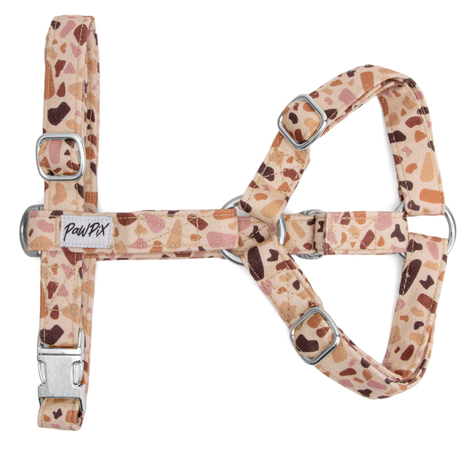 Harnais en Y pour chien Pawpino : Motif terrazzo graphique avec des tons marron/rose. Les boucles du harnais sont argentés