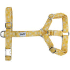 Harnais pour chien en Y Peachy Daisies avec ses marguerites blanches et jaune sur fond couleur pêche. Les boucles et anneaux du harnais sont couleur argent.  