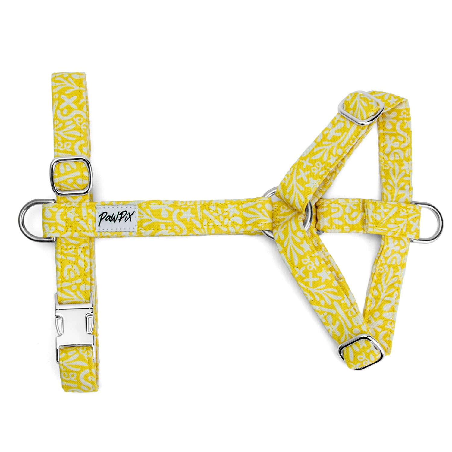 Harnais en H pour chien Seaside et son motif marin abstrait blanc sur fond jaune solaire. Le harnais possède des boucles de reglage, deux anneaux en D et une boucle clips couleur argentée. 