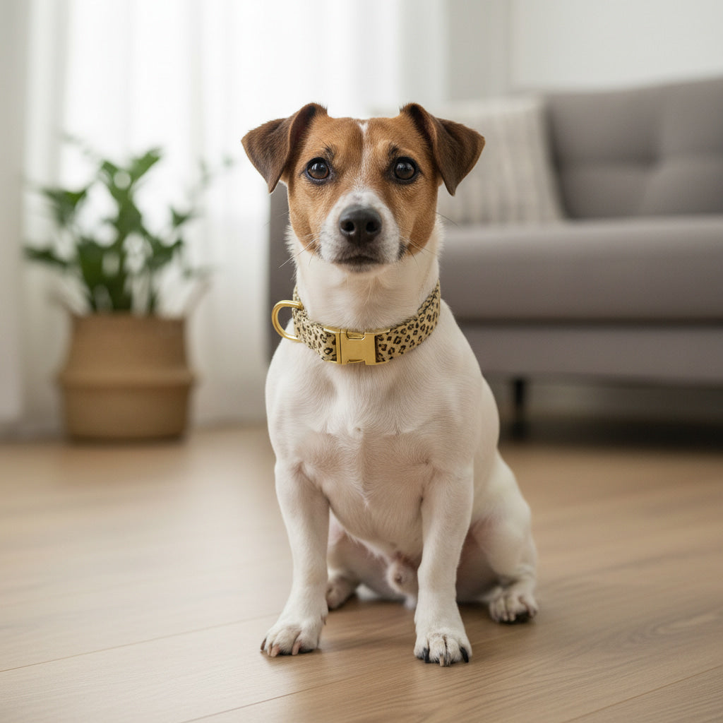 Jack Russel portant le collier pour chien Leopaw de Pawpix. Motif leopard avec des boucles couleur or